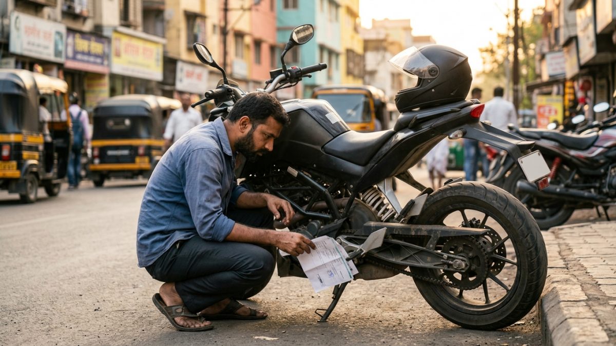 Rider checking vehicle papers and motorcycle chassis details during a bike insurance validity check
