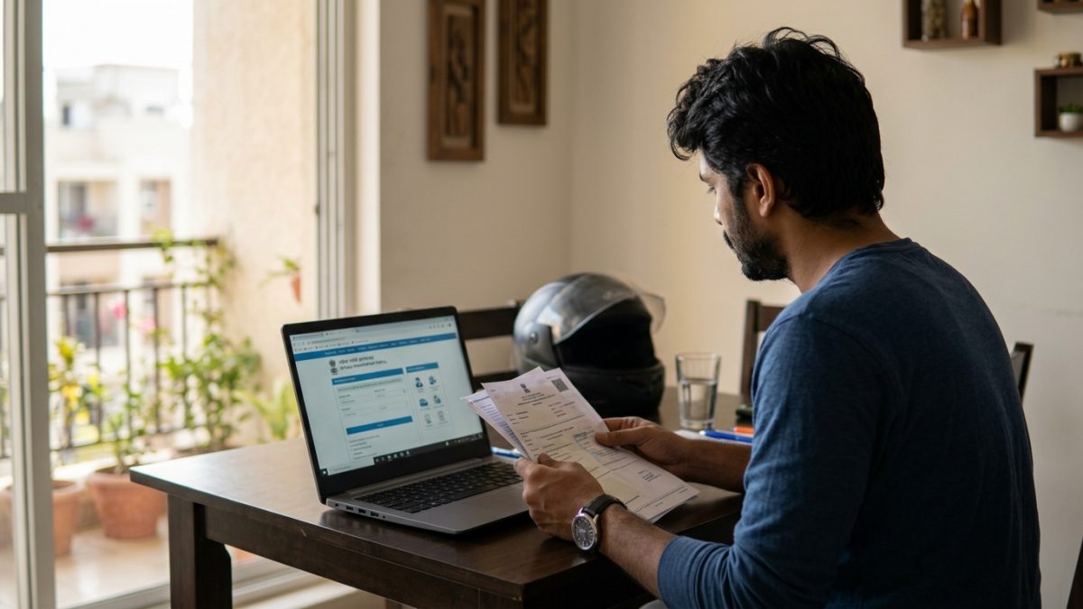 Checking two wheeler insurance policy status on a laptop screen