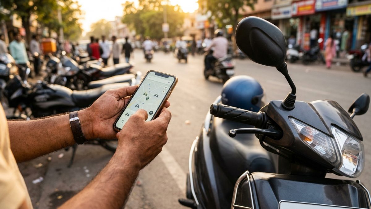 Smartphone screen showing virtual RC and insurance validity beside a parked scooter