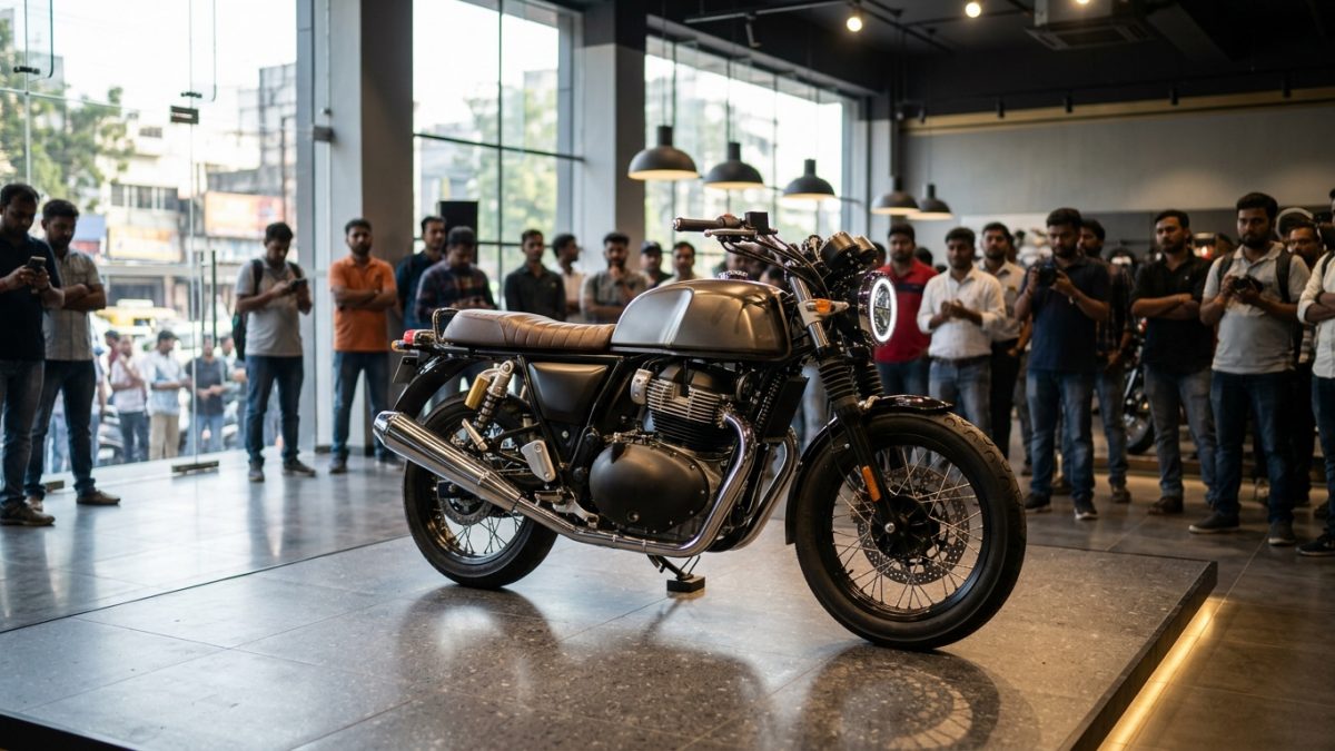 Modern neo-retro 500cc motorcycle standing on display in an Indian motorcycle showroom