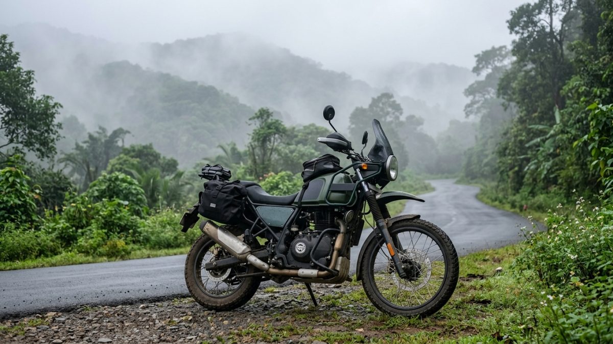 Dual sport lightweight adventure motorcycle parked on scenic rural road