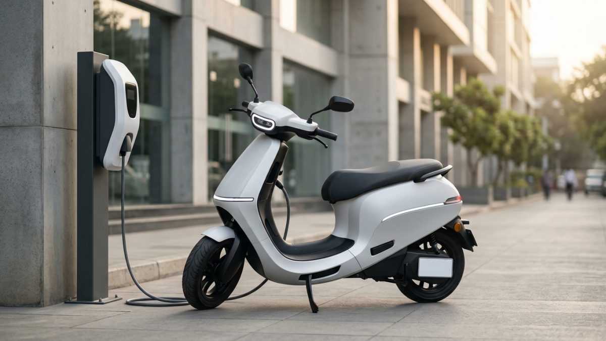 Sleek modern electric scooter parked beside a public charging station in an Indian city