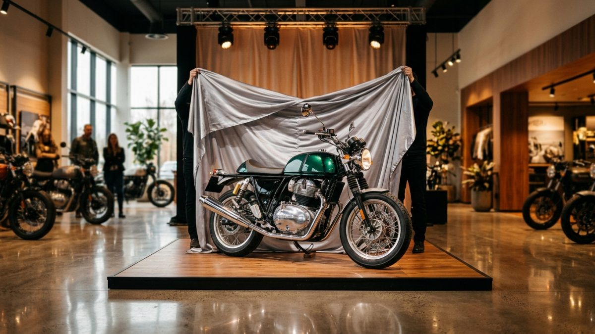 Modern classic roadster motorcycle displayed inside a festive Indian showroom