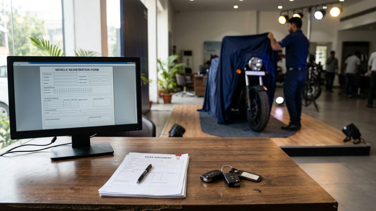 Dealership executive entering vehicle details on a computer screen for Vahan registration