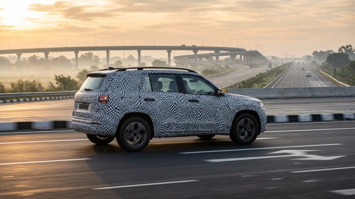 A modern luxury compact SUV driving through a clean, modern Indian expressway at sunrise