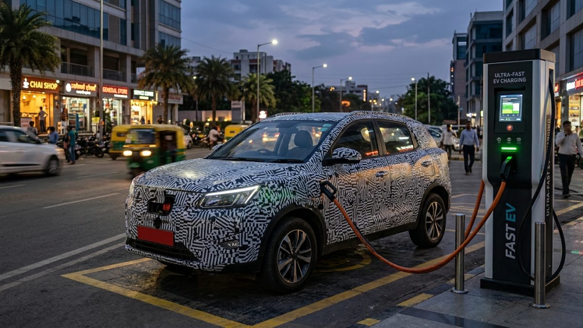Modern electric vehicle charging at a public fast charging station in an Indian city