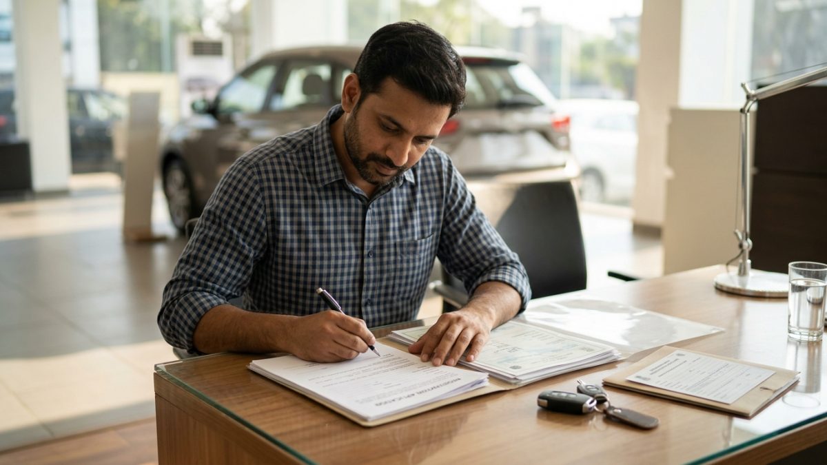 Dealership executive handing over vehicle registration paperwork and keys