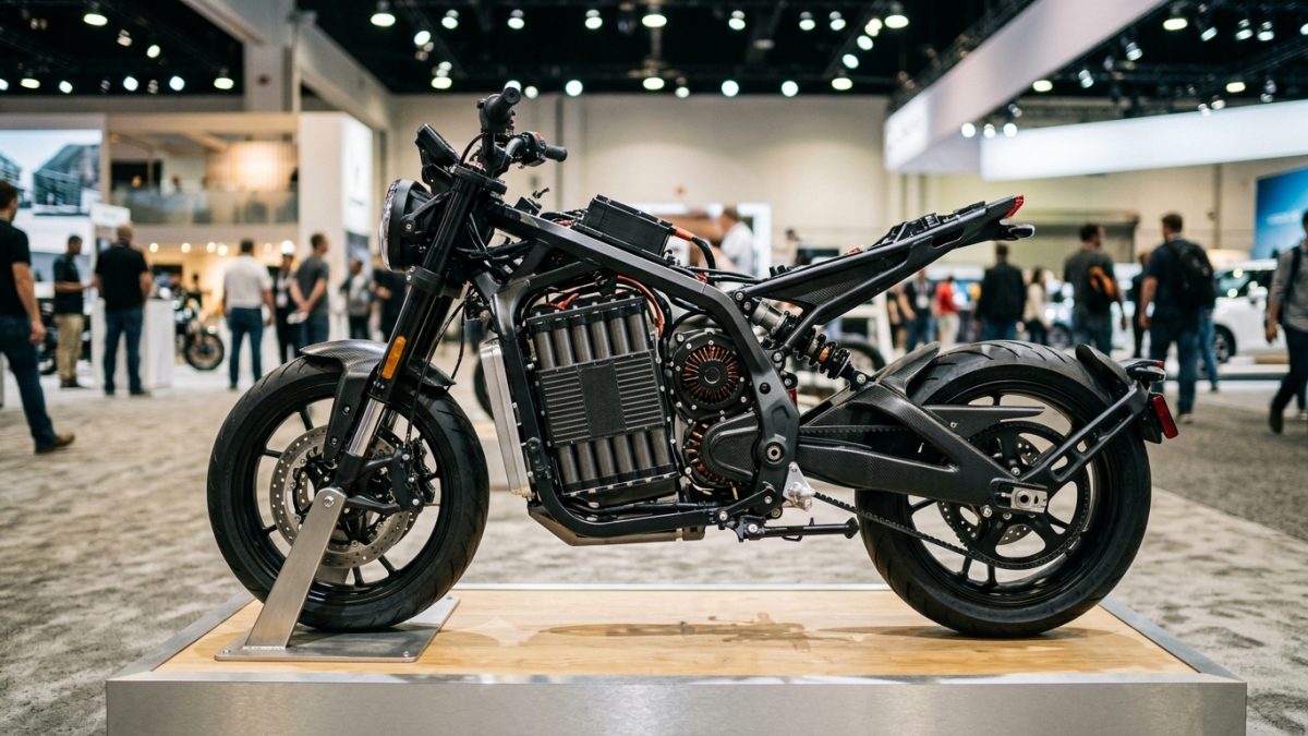 Modern electric motorcycle chassis and battery pack on display at an automotive expo