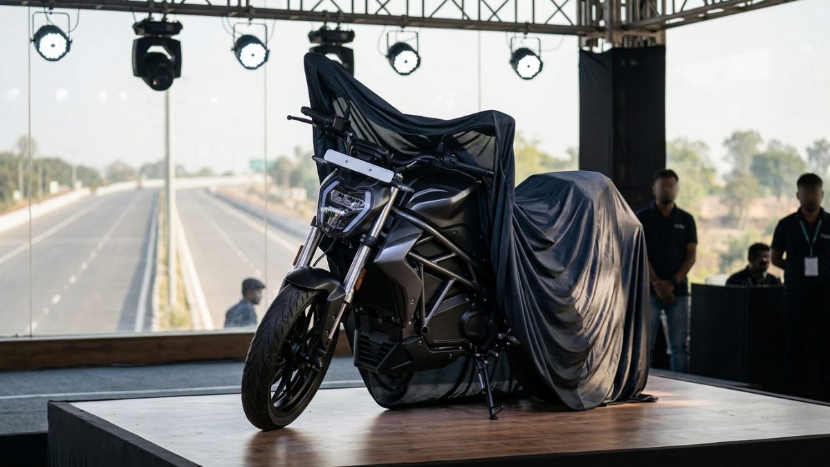 Electric motorcycle riding along an Indian national highway during daytime