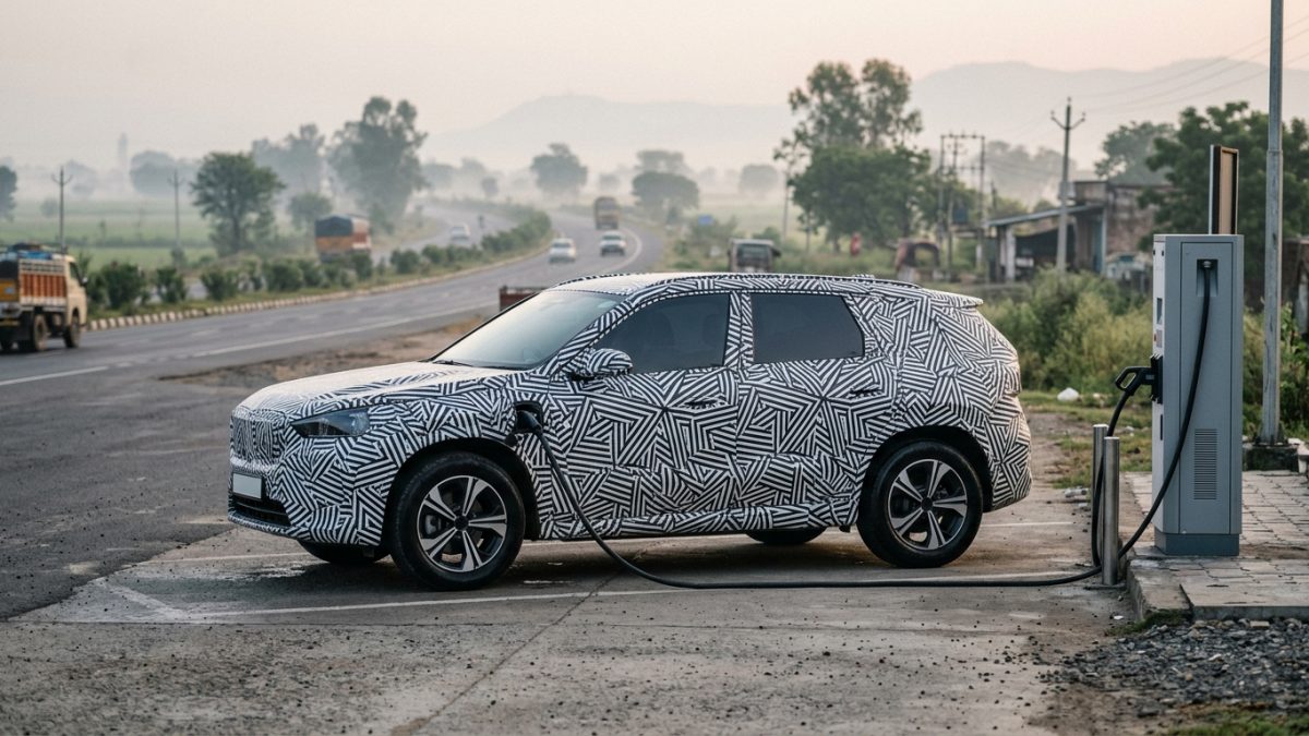 Rear angle of a camouflaged electric SUV parked at an Indian highway charging station