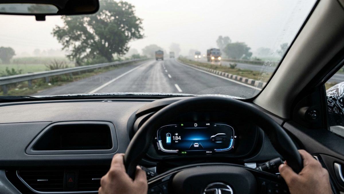 Digital instrument cluster of an electric car showing battery percentage and driving range