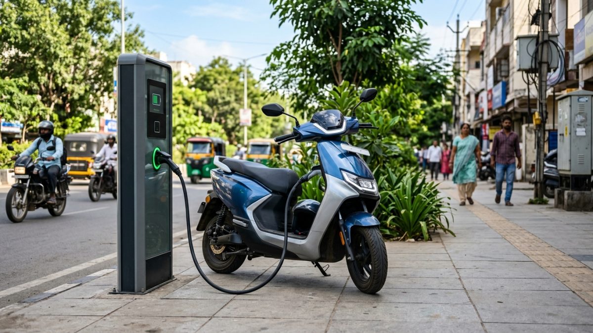 Modern electric scooter charging at a public charging dock in an Indian city