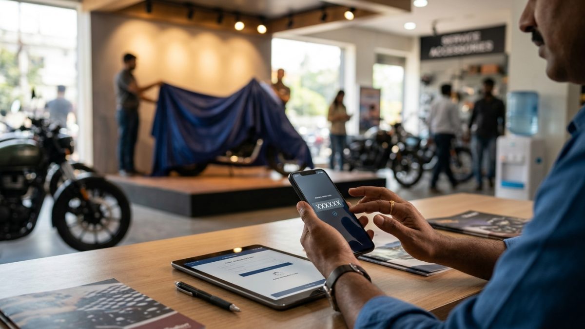 Customer using a smartphone for digital verification at a vehicle dealership counter