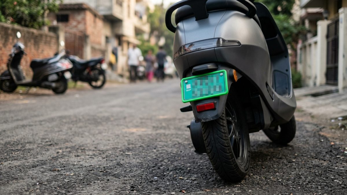 Green number plate on an electric scooter parked outdoors in India