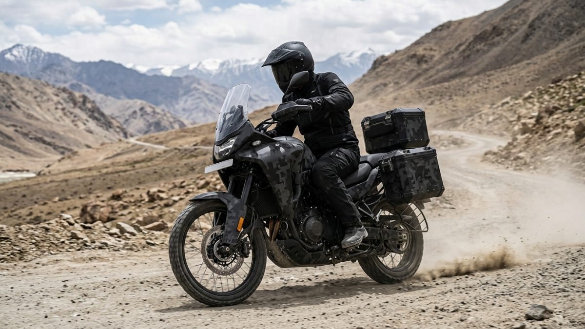 Camouflaged twin-cylinder adventure motorcycle undergoing road testing on Indian mountain terrain
