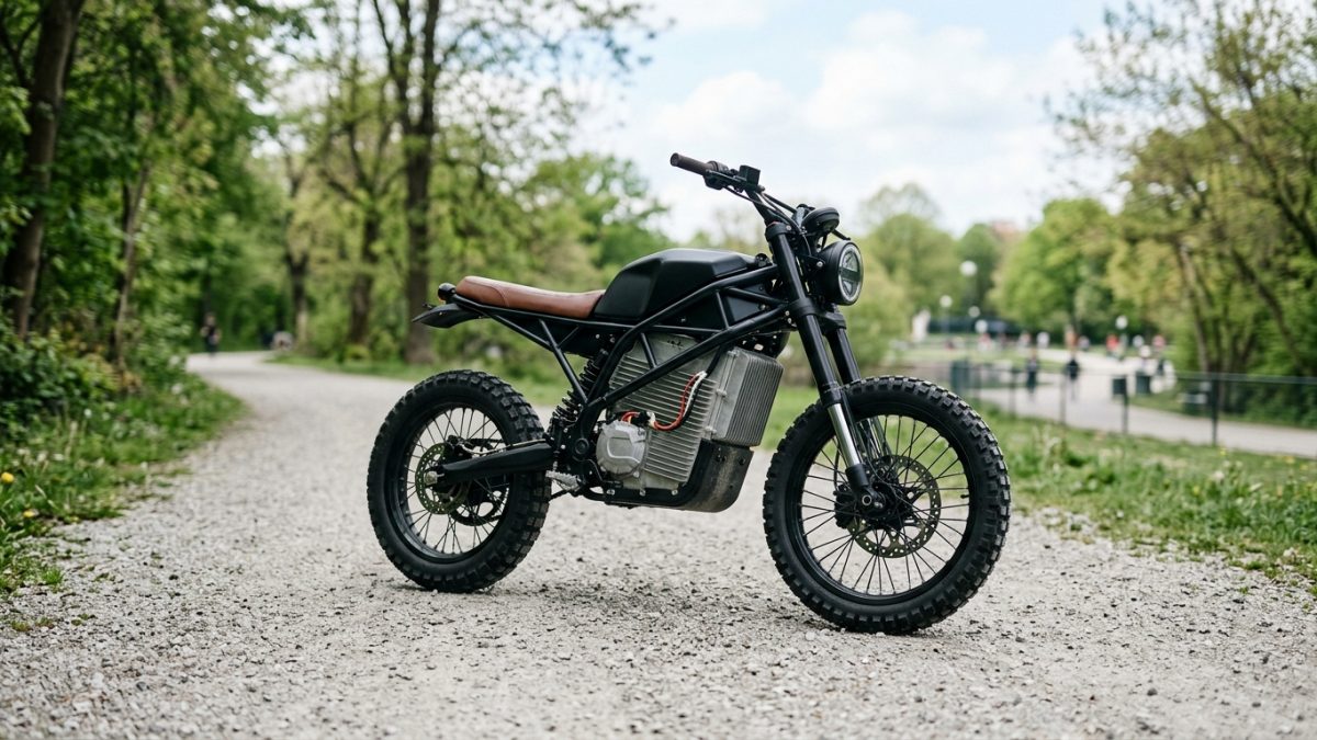 Lightweight electric scrambler motorcycle parked on an urban trail in India