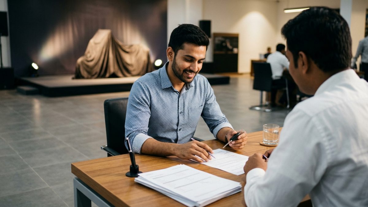 Motorcycle buyer completing registration documents at a vehicle dealership counter