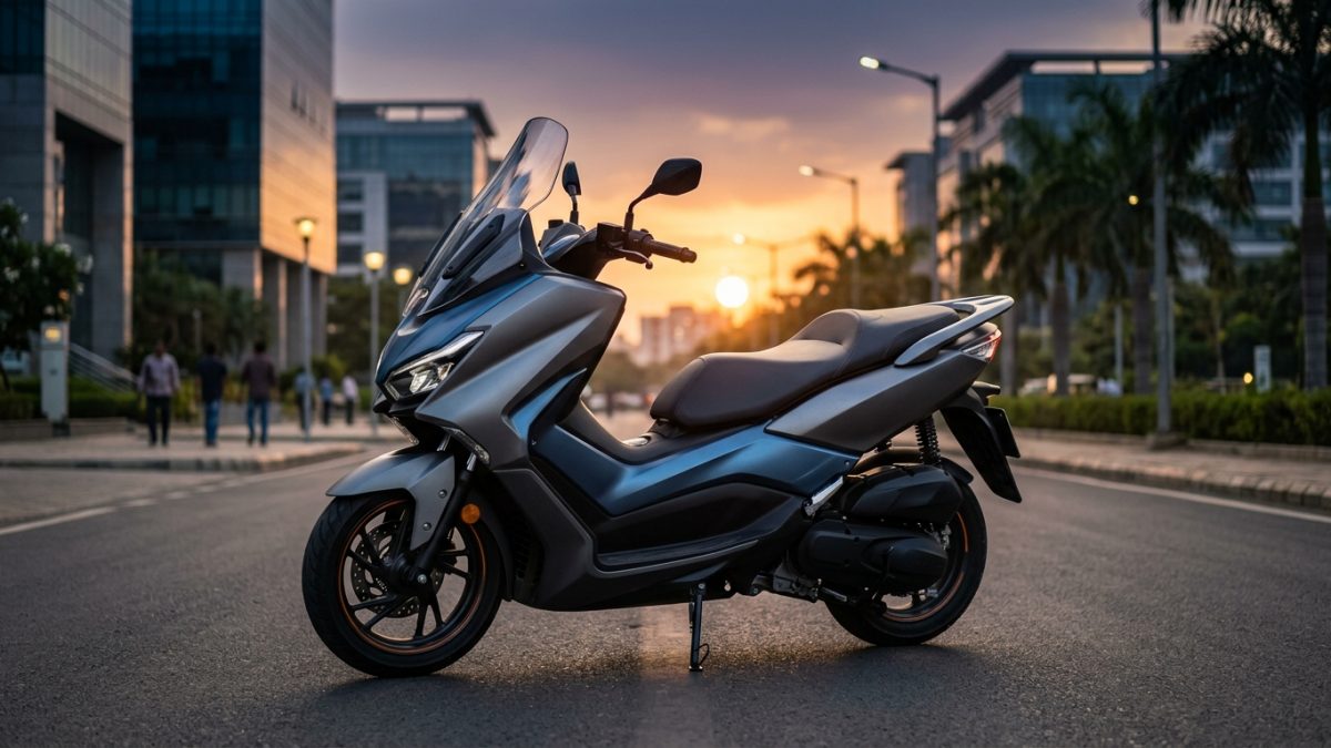 Modern maxi-scooter with aerodynamic windscreen and front spine chassis parked in an urban setting