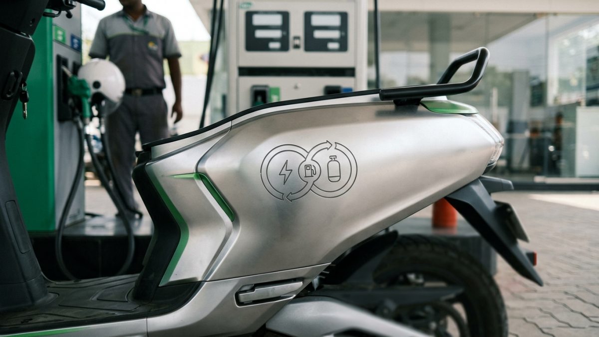 Fuel station dispensing CNG fuel into a modern commuter two-wheeler