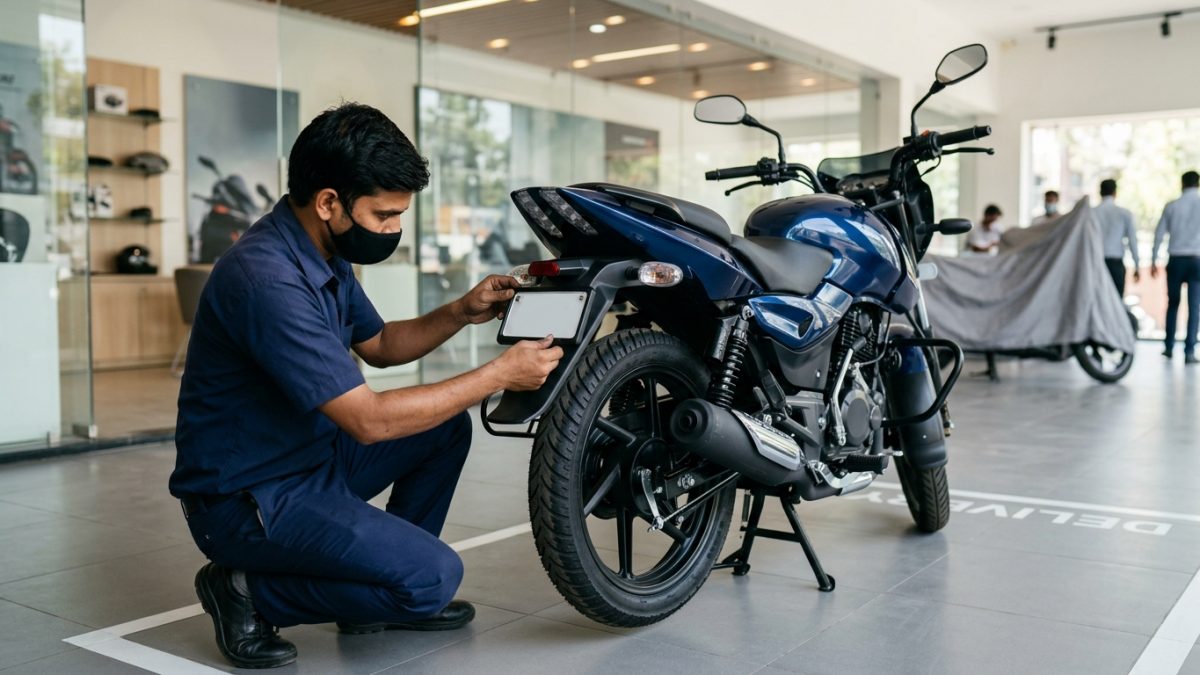 Brand new scooter receiving high-security registration plates at a delivery bay