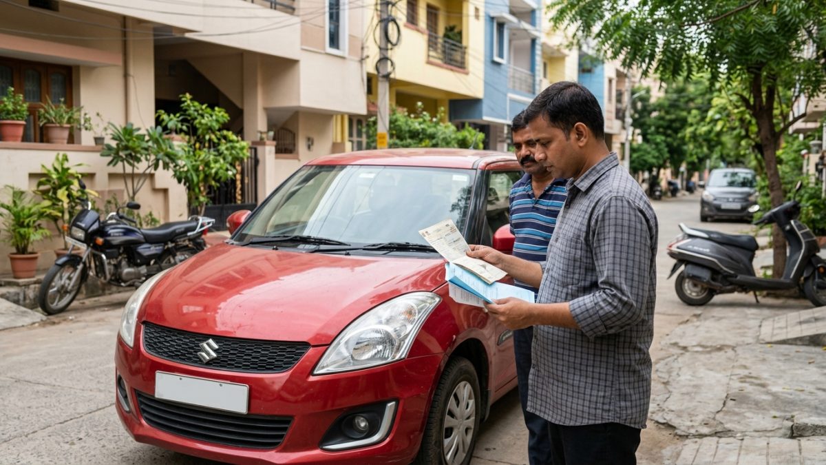 Checking vehicle registration and challan status online on a smartphone next to a motorcycle