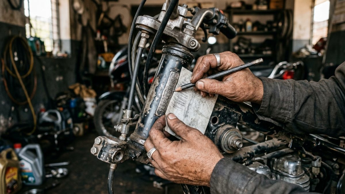 Close-up chassis number check on a used bike steering frame using a pencil tracing