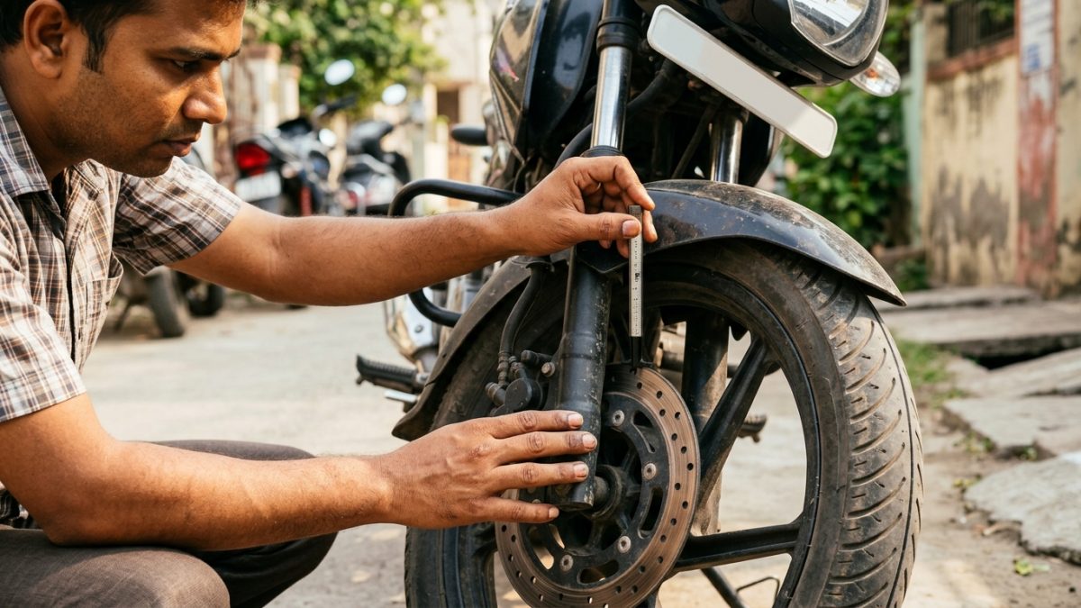 Mechanic testing tyre condition and disc brakes on a second hand bike inspection checklist