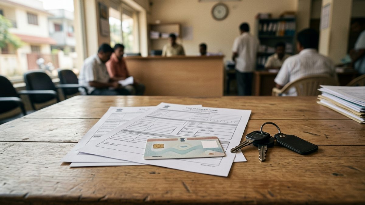 RTO transfer documents Forms 29 and 30 placed on a desk beside motorcycle keys
