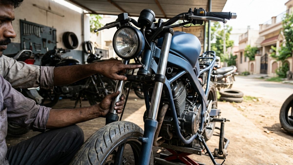 Hands inspecting the chassis neck and front fork suspension of a pre-owned motorcycle