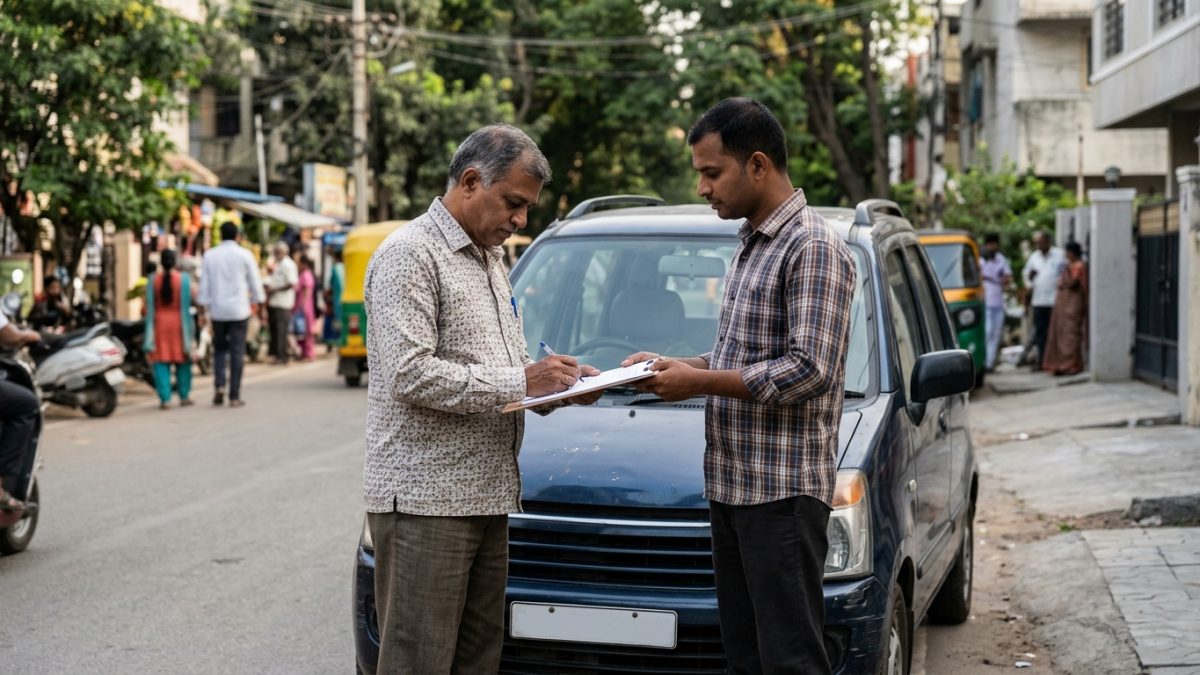 Buyer and seller signing delivery note agreement next to a pre-owned vehicle in India