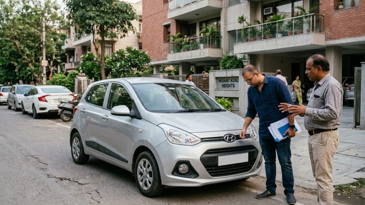 Person checking vehicle transfer status on a laptop screen with paperwork nearby
