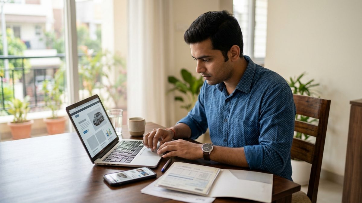 Checking used car RC details online on a laptop screen