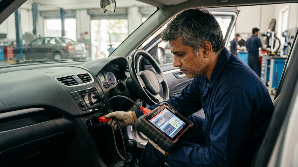 Diagnostic scanner checking vehicle health to prevent used car scams in India