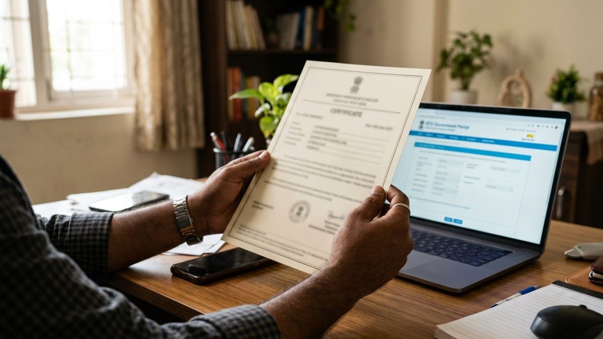 A person holding a printed transport certificate document at home