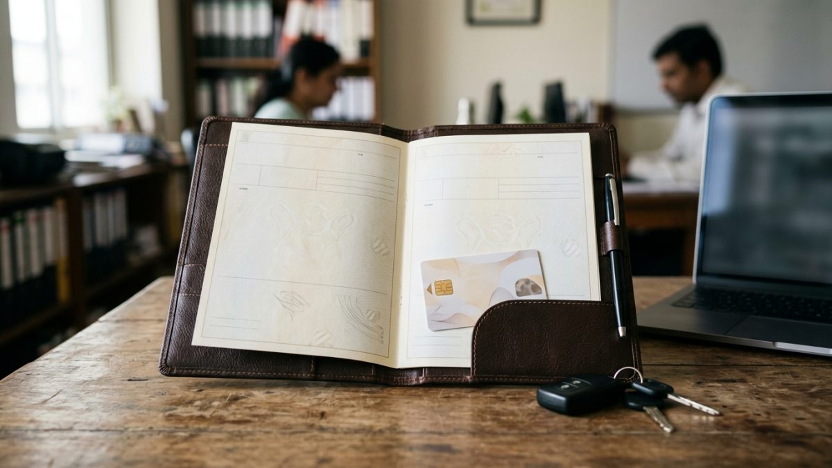 Official vehicle documents and registration certificate card resting on a desk