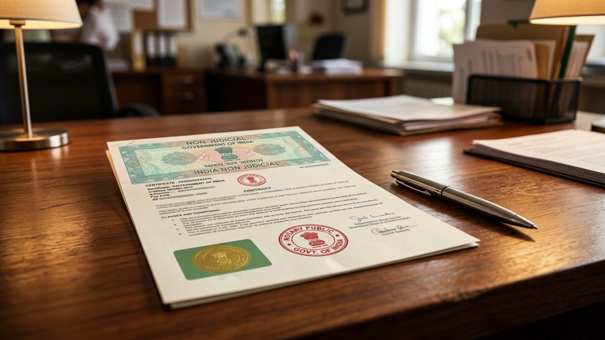 Notarized vehicle sale agreement on Indian non-judicial stamp paper with signature pen