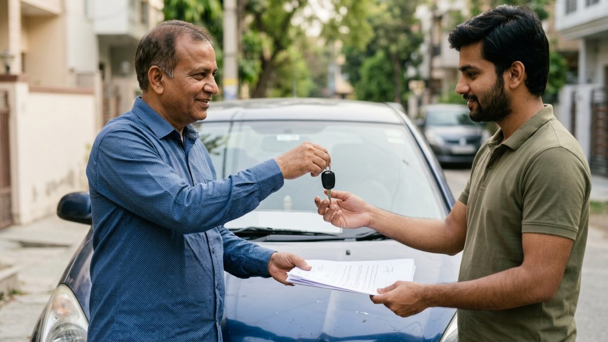 Car seller handing over keys and vehicle delivery note documents to buyer