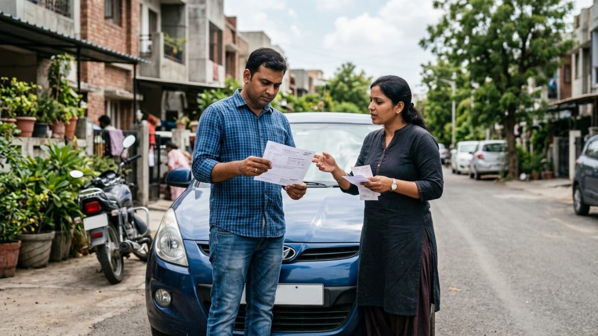 Indian vehicle owner reviewing RTO Form 29 and legal notice documents at a desk