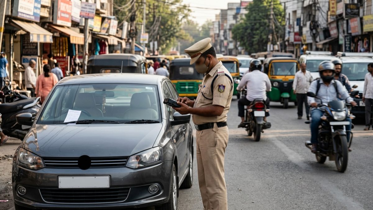 Car parked on an Indian street with a traffic enforcement notice placed on the windshield