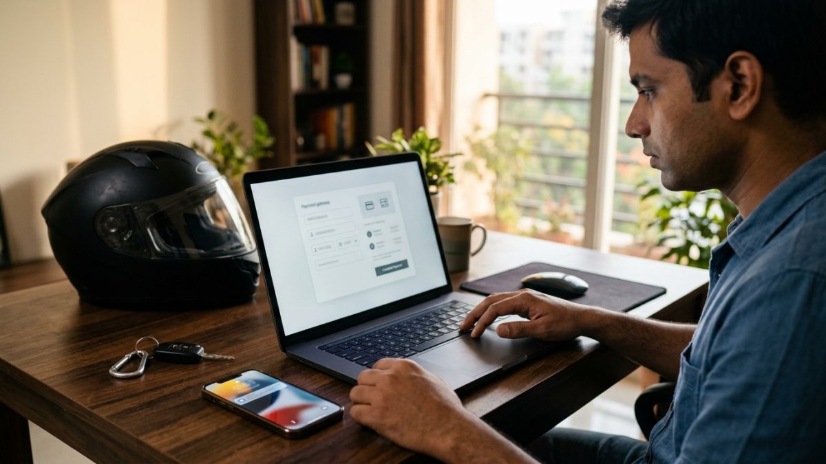 Person entering payment details on a laptop to clear a traffic challan online