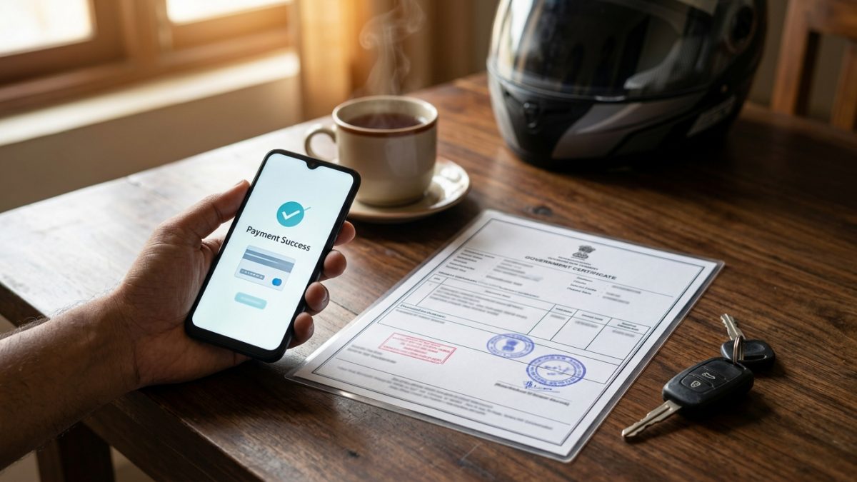 Printed judicial challan payment disposal receipt resting on a desk with a smartphone