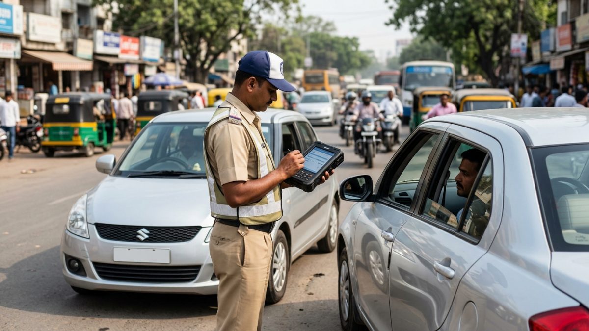 Indian driver using a laptop to file an online traffic challan dispute on a government portal