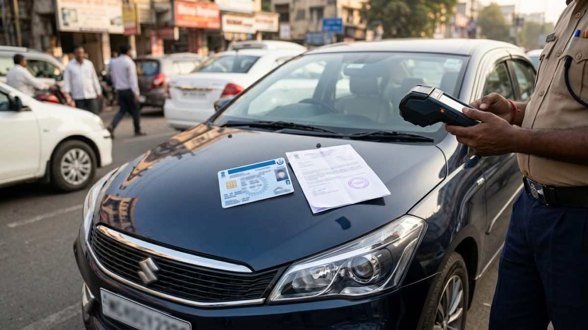 Close-up of vehicle registration documents and High Security Registration Plate for challan evidence