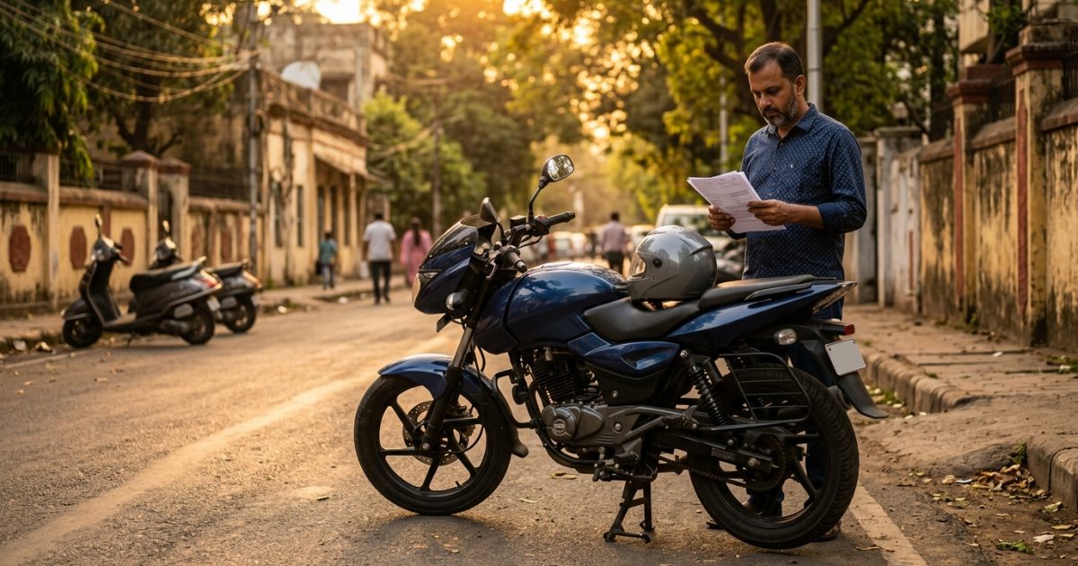Motorcyclist checking 5 year bike insurance renewal documents beside a parked motorcycle