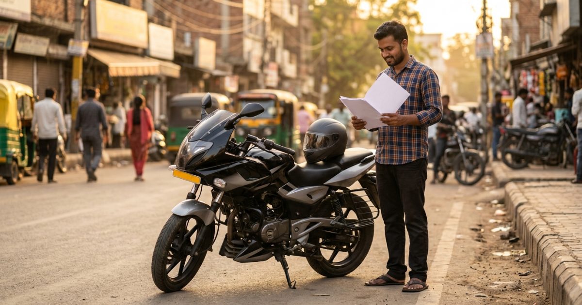 Motorcyclist checking insurance documents beside a parked two-wheeler
