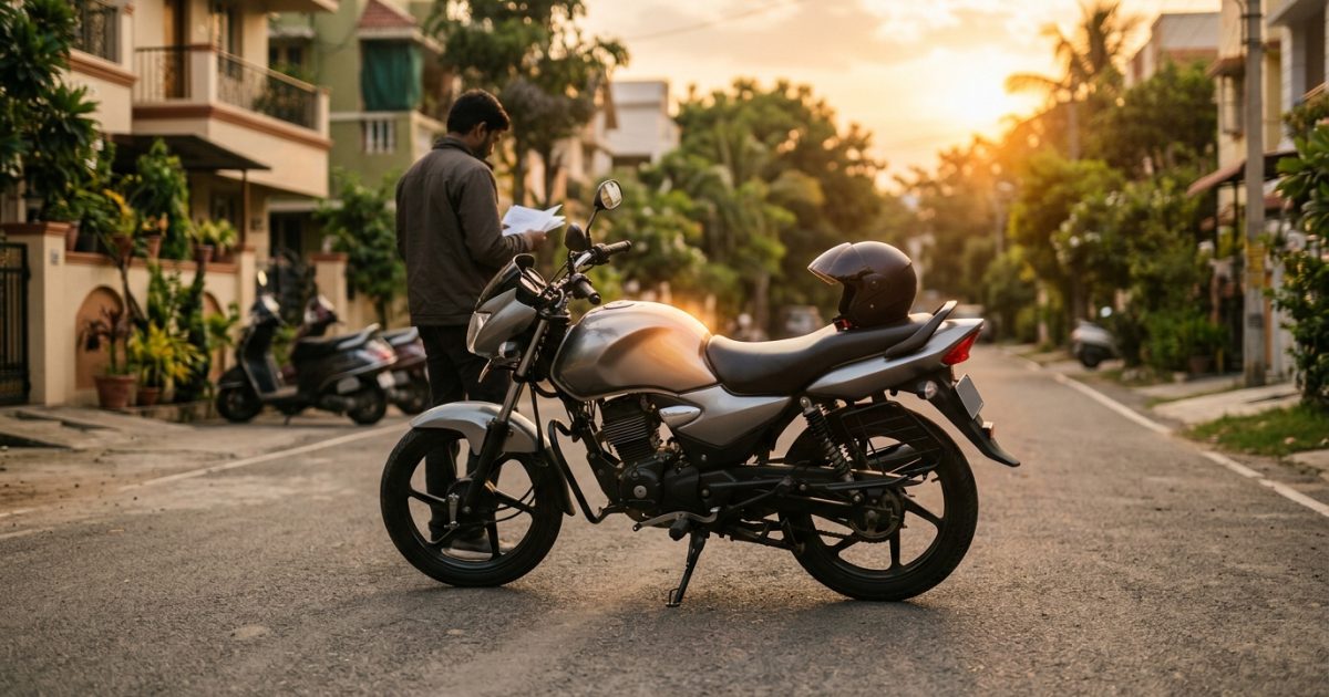 Motorcycle parked outdoors with helmet on seat illustrating bike insurance online renewal