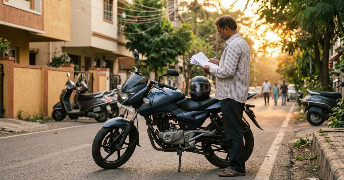 Motorcycle parked on an Indian street with a helmet on the seat during sunset