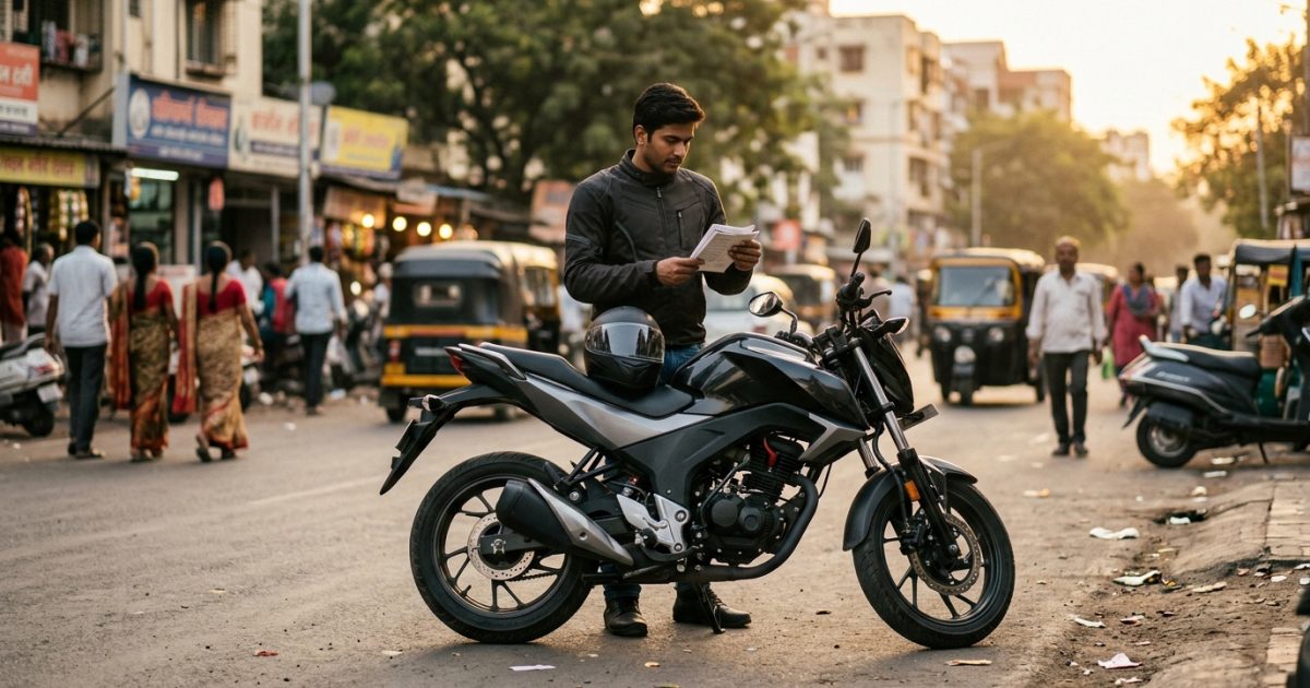 Motorcycle parked outdoors with rider holding policy papers for bike insurance renewal