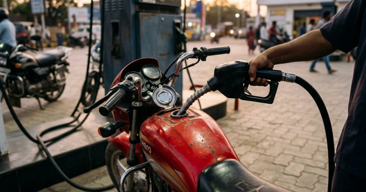 Close-up of a fuel pump nozzle refuelling a commuter motorcycle at a petrol pump