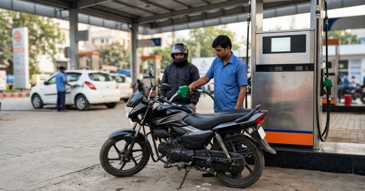 Motorcycle being refuelled at an Indian fuel station showing practical bike mileage tips
